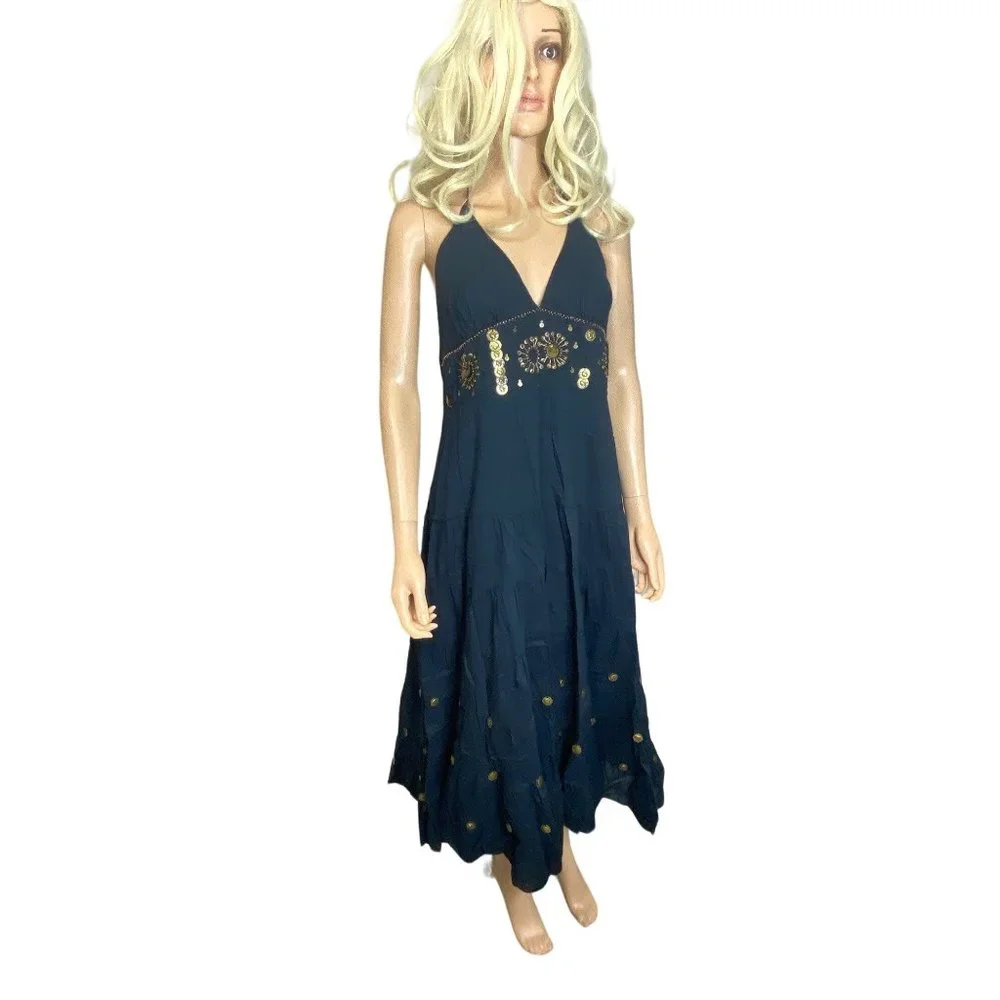 Vasna Women's Halter Cotton Midi Dress Black Boho Gold Coins Embellishments - Picture 14 of 15
